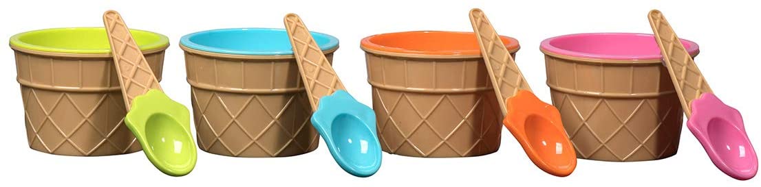 Ice Cream Bowls And Spoons Orange Pink Light Green Sky Blue